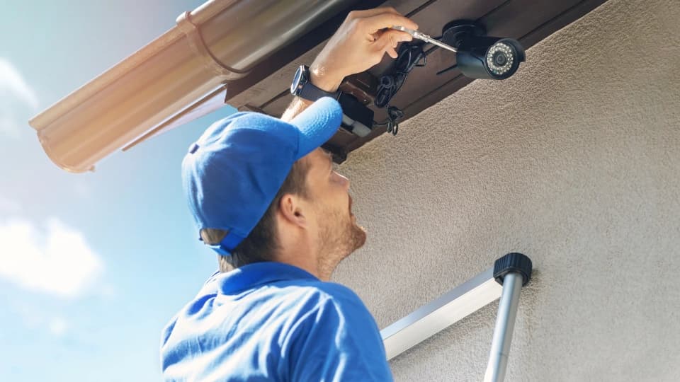 Man installing security camera