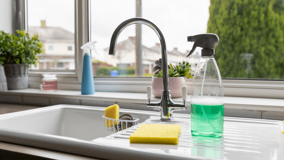 Sink with cleaning products on the counter