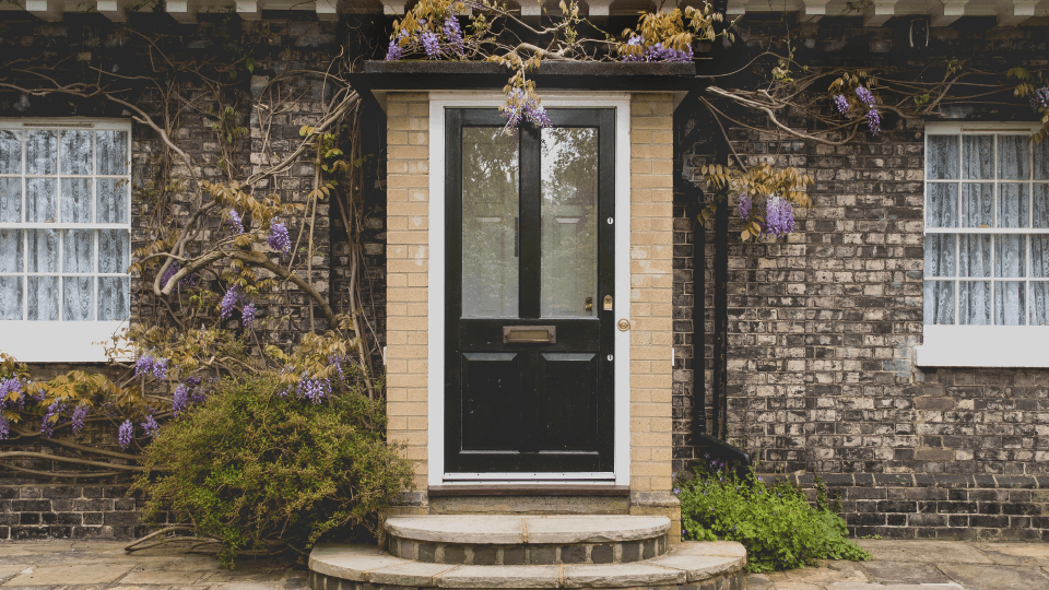 Brick house wall and door with bushes and blooming ivy