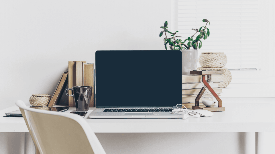 Workplace with laptop, books, flower pot and mug