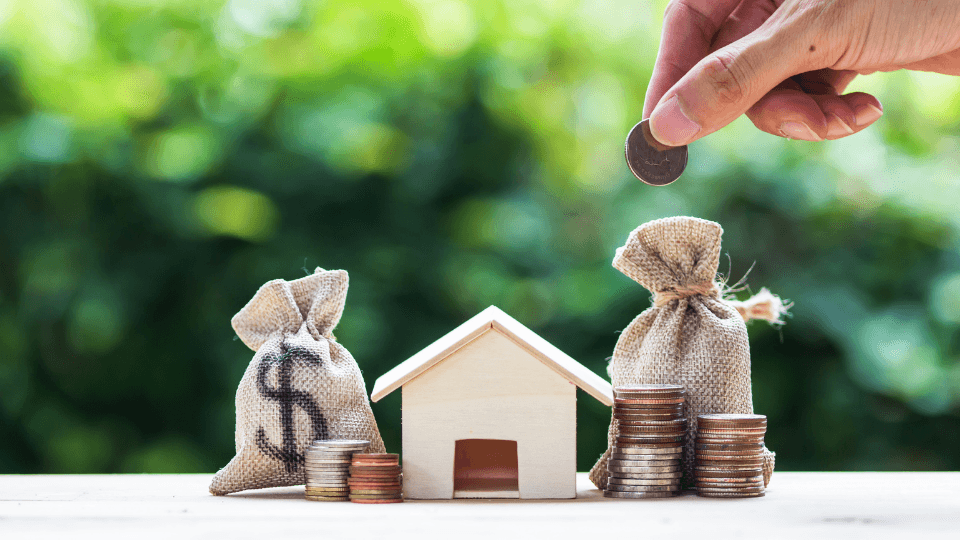 Bags of money with a house and coins