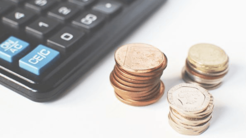 Calculator and coin piles