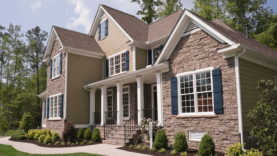Two story house with a flowerbed, a path and trees in the background