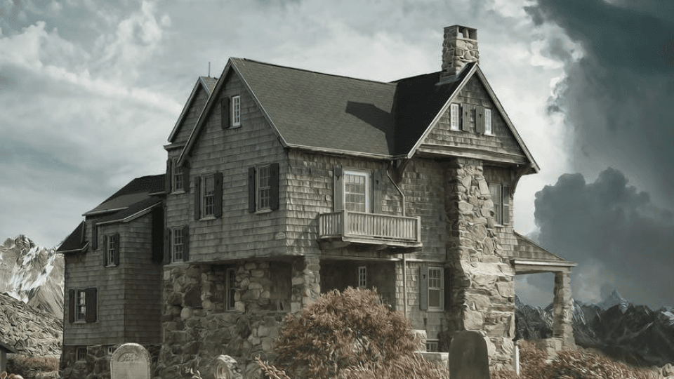 Stone house in dark landscape and dark scary skies