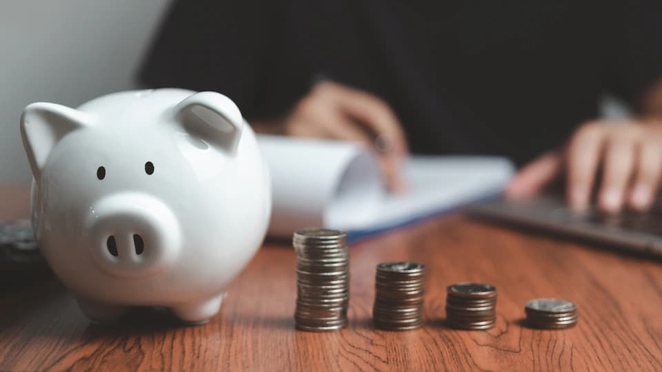 Piggy bank and coins