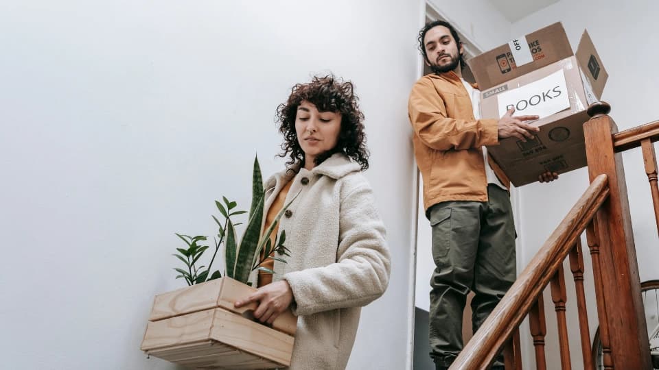 Woman and man carrying boxes down stairs